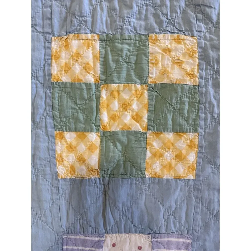 Vtg CottageCore Hand sown Patchwork Quilt 78x94 Reversible Yellow Distressed